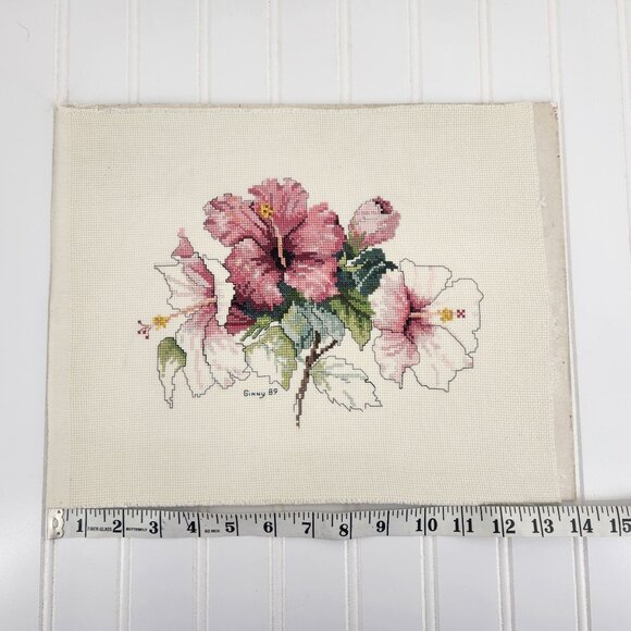 Vintage Floral Cross Stitch Art Signed 1989 Pink Off White Hibiscus Unframed - Picture 7 of 9